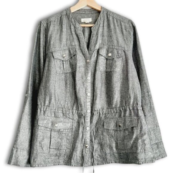CHARTER CLUB / 100% Linen Utility Sleeve Jacket Metallic Silver Gray Sz L Petite - Picture 1 of 14